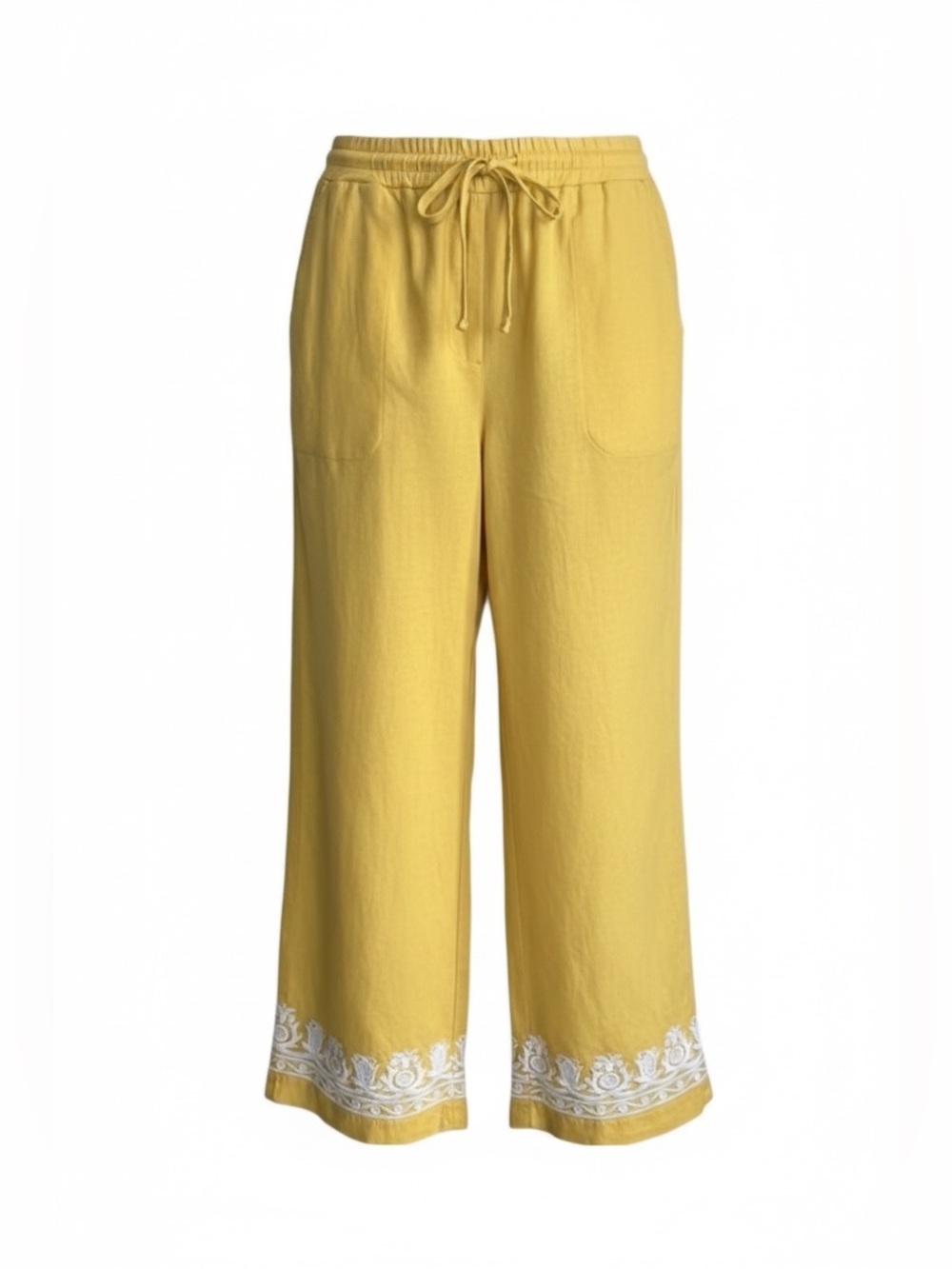 Talbots Size 8 Linen Blend Crop Pants Sunshine Yellow Embroidered Drawstring